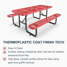 Hassyee Heavy Duty Outdoor Picnic Table and Build-in Benches Set with Mesh Design for Poolside,Garden, Patio Furniture Set with Steel Legs and Umbrella Hole for Park, Balcony (Red 6ft Long Table)