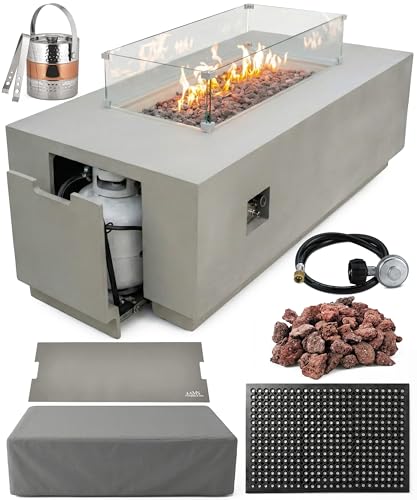 AMS 66" Rectangular Propane Fire Pit for Outdoor Patio (Light Gray, Bundle)