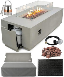AMS 66" Rectangular Propane Fire Pit for Outdoor Patio (Light Gray, Bundle)