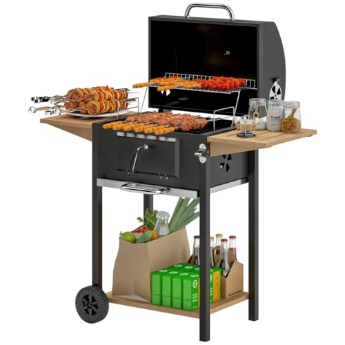 Charcoal Grill with Wheels, Outdoor BBQ Grill with Side Shelves & Thermometer, Barbecue Smoker with Bottom Storage Shelf, Adjustable Charcoal Pan, Patio Cooking Station for Camping Party