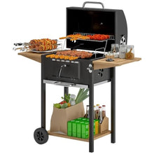 Charcoal Grill with Wheels, Outdoor BBQ Grill with Side Shelves & Thermometer, Barbecue Smoker with Bottom Storage Shelf, Adjustable Charcoal Pan, Patio Cooking Station for Camping Party