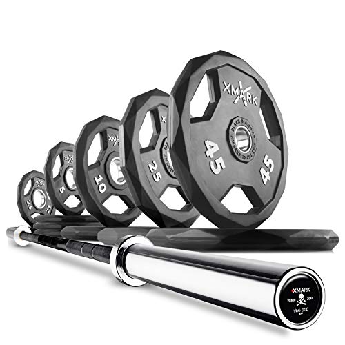 XMark Combo Offer 185 lb Set of Rubber Coated Olympic Weight Plates with 7 ft Deadlift Commercial Olympic Bar Black