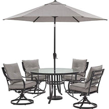Hanover Lavallette 5-Piece Outdoor Dining Set with Umbrella, 4 Swivel Rocker Chairs, 52'' Glass-Top Table, Weather Resistant Silver