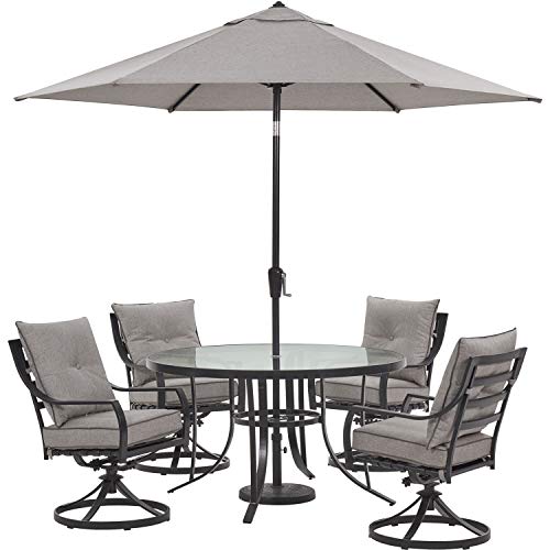 Hanover Lavallette 5-Piece Outdoor Dining Set with Umbrella, 4 Swivel Rocker Chairs, 52'' Glass-Top Table, Weather Resistant Silver