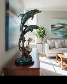 Nifao Dolphin, Coastal Ocean Decor Medium Bronze Statue, 18"L x 16"W x 39"H