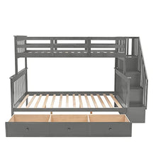 MERITLINE Twin Over Full Bunk Bed with Storage Drawers, Shelves, Guardrails, and Stairs Grey