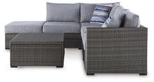 Signature Design by Ashley Petal Road Casual Weather Resistant Outdoor Loveseat Sectional Set with Ottoman, Table & 2 Throw Pillows Grey