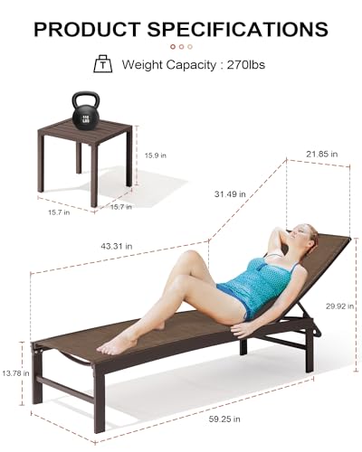 Crestlive Products 4PCS Outdoor Chaise Lounge Chairs Set with Side Tables, Adjustable Recliner Brown