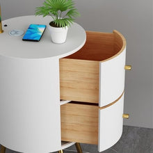 ZHONGCHENGWU Floor Lamp Modern Round LED Nightstand with Charging Station & 3-Color Bulb, 2 Wood Drawers(White)