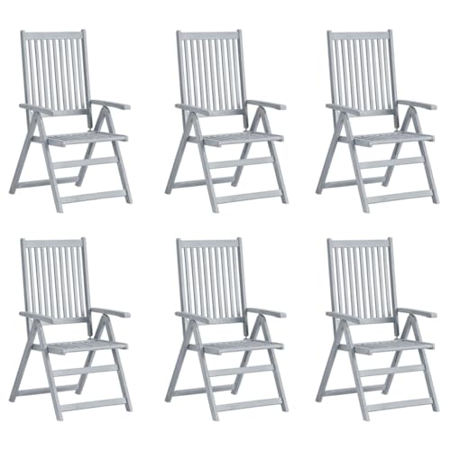 GPUTYGHN Set of 6 Outdoor Reclining Chairs, Solid Acacia Wood Patio Chair with Grey Taupe Cushion, 5 Adjustable Positions, 330.7 lbs Capacity