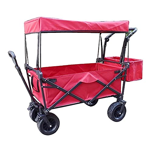 PUCNHZYNW Handcart, Portable Folding Garden Trolley Cart Heavy Duty Wagon with Canopy Multi-Function Shopping Cart for Outdoor Camping Beach Pull Truck with 4 Wheels, Load 150Kg/Red