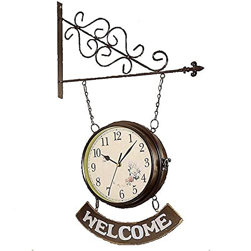 EHVYBDX Outdoor Garden Wall Clock, Large Double Sided Arabic Numerals Station Clock Wrought Iron Garden Clock with Welcome Sign Waterproof Outdoor Clock IndoorOutside C