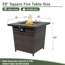 28" Propane Fire Pit Table, 50,000 BTU Square Gas Fire Pit with Steel Top & Wicker Base, Outdoor Fireplace Patio Propane Heater for Deck, Garden, Backyard, Black Brown