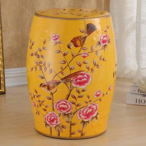 Labasuan 18" Hand-Painted Flower & Bird Ceramic Drum Garden Stool, Vintage Hollow Decorative Ceramic Seat for Indoor Outdoor, Chinoiserie Glazed Porcelain Side Table, Home Decor(Yellow)