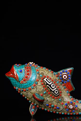 Generic 9" Tibetan Bronze Dzi Beads Carp Statue Ornament