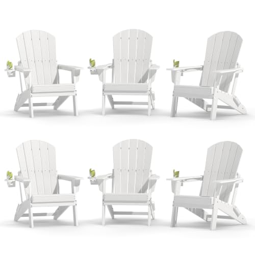 Plawdlik Folding Adirondack Chair Set of 6 with Cup Holder,Wooden Textured,Heavy All-Weather HDPE Comfortable Set Poolside Backyard Lawn,White