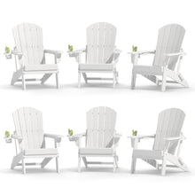 Plawdlik Folding Adirondack Chair Set of 6 with Cup Holder,Wooden Textured,Heavy All-Weather HDPE Comfortable Set Poolside Backyard Lawn,White