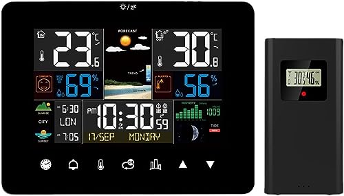 JDXQBLD Weather Station Wireless, Indoor Outdoor Hygrometer, Color Large Display Weather Thermometer with Alert, Barometric Pressure, Alarm Clock, Easy to Set and Table