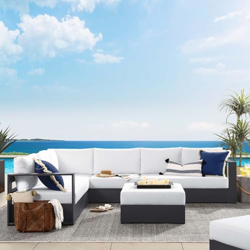 Modway Tahoe Aluminum 5-Piece Outdoor Patio Furniture Gray White, Modular Sectional Sofa Set with Weather-Resistant Cushion and Ottoman, Ideal for Deck, Backyard Poolside