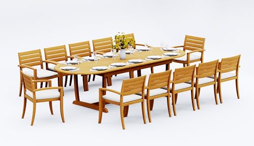WholesaleTeak 12 Seats 13 Pcs Grade-A Teak Wood Dining Set: 118" Double Extension Mas Oval Trestle Leg Table and 12 Travota Stacking Arm Chairs #11TV2712