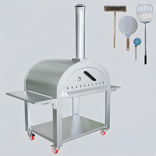 Outdoor Pizza Oven – Stainless Steel Dual Fuel Wood & Charcoal Pizza Maker, 2-Layer Vertical Kiln-Style Grill with 4 Wheels, Portable High Heat Pizza Cooker for Backyard Patio Camping