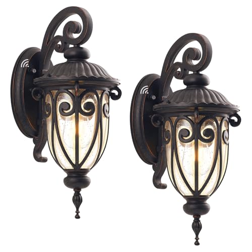 GOALPLUS 23 Inch Large Dusk to Dawn Outdoor Porch Lights for Garage, 2 Pack Bronze Wall Lantern with Photocell Sensor, Exterior Wall Light Fixture with Seeded Glass for House, Aluminium