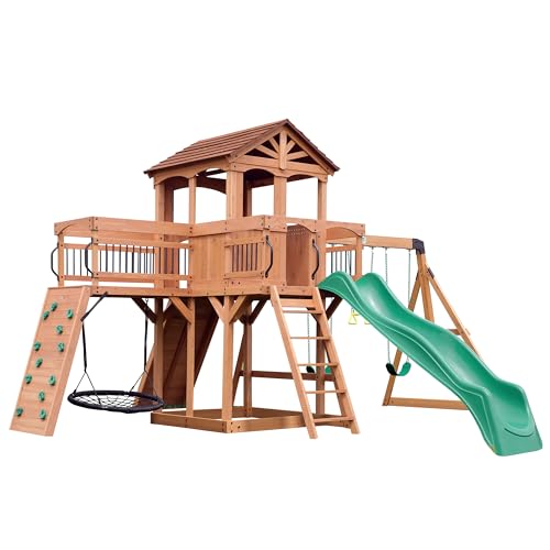 Backyard Discovery Sterling Point Cedar Swing Set with Green Wave Slide & Climbing Wall