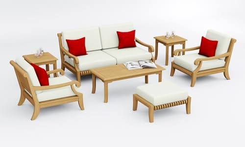 WholesaleTeak Teak Wood 7 Pc Sofa Set: Sofa, 2 Lounge Chairs, Ottoman, Coffee Table & 2 Side Tables with Cushions in Outdoor Fabric #5404 Canvas Natural