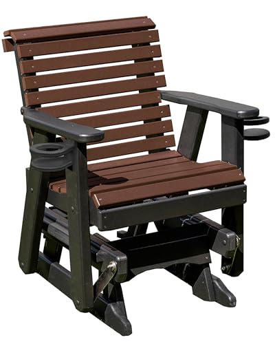 Amish Craftsmanship Made in USA 2FT Heavy Duty Poly Lumber Wood Porch Patio Glider HDPE with No wood fibers Lancaster Series Rollback design 500 lbs Limit With Cupholders Brown on Black