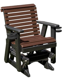 Amish Craftsmanship Made in USA 2FT Heavy Duty Poly Lumber Wood Porch Patio Glider HDPE with No wood fibers Lancaster Series Rollback design 500 lbs Limit With Cupholders Brown on Black