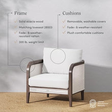 Nathan James Twila Boho Rattan Chair, Outdoor Lounge Chair, Cushioned Patio Chairs with Rattan Arms, Solid Wood Frame, Linen White Set of 4