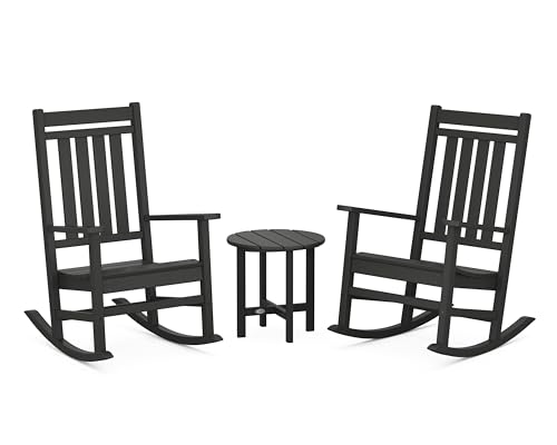 POLYWOOD Estate 3-Piece Rocking Chair Set, Outdoor Patio Furniture, Front Porch Rockers with Side Table, HDPE, Fade-Proof, Black, Made in USA
