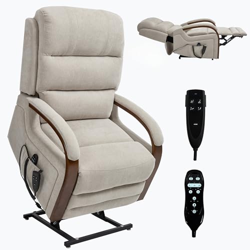 WEALTHOUSE Dual Motor Power Lift Recliner Chair for Elderly, Massage Heat Electric Lounge Seat with Remote Control, Independent Backrest Footrest, Wood Armrests, Side Pockets (Beige,Chenille)