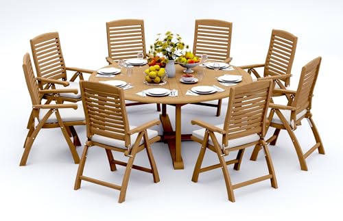 WholesaleTeak 8 Seats 9 Pcs Grade-A Teak Wood Dining Set: 72" Round Table and 8 Ashely Folding Reclining Arm Chairs #11AS1708