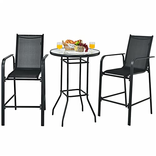 3 PCS Outdoor Patio Bar Table Stool Set Height Tempered Glass Top Suitable for Garden, Patio, Poolside, Backyard and More