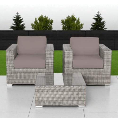 Hassyee Fully Assembled 3 Pieces Wicker Bistro Set with Washable Cushions and Tempered Glass Tabletop for Lawn, Backyard, Outdoor Furniture Set with Aluminum Frame for Balcony