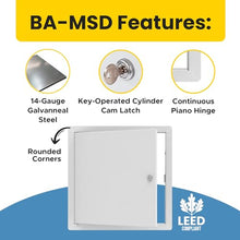 Best 16" x 16" Medium Security Access Panel, 14-Gauge Access Door with Rounded Corners & 1" Exposed Flange, Key-Operated Cylinder Cam Latch, Continuous Piano Hinge, White Powder Coat, BA-MSD