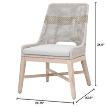 MAKLAINE Transitional Outdoor Dining Chairs, Set of 2, Gray Teak Wood Frame, Taupe and White All-Weather Fabric Cushions, Rope Pattern Seat Back, 34.5" H x 24.75" W x 23.5" D, Patio Seating