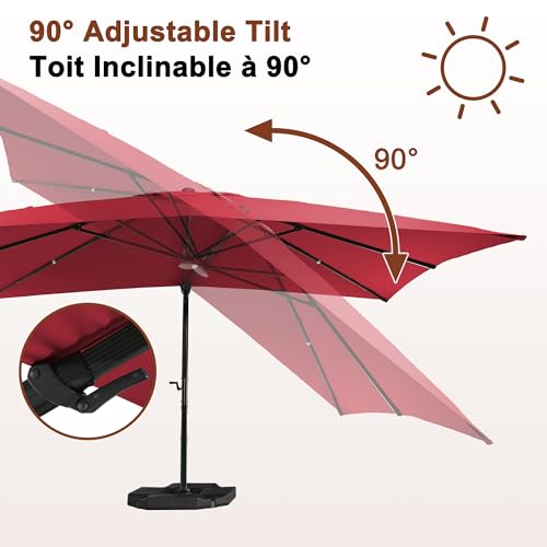 MONDAWE 10x13 ft Cantilever Umbrella with LED Light, 360° Rotation, Aluminum Frame Red (LED + Bluetooth)