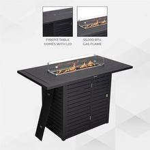 LeisureMod 68" Wide Rectangular Outdoor Fire Pit Bar Table in Powder-Coated Aluminum with Lid Glass Guard and Tank Holder Slats Design for Patio, Garden, Deck, and Backyard Use Chelsea Collection