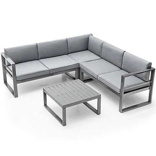 YWMLFZ 4PCS Patio Furniture Set Aluminum Frame Loveseat Coffee Table Cushions Deck Grey