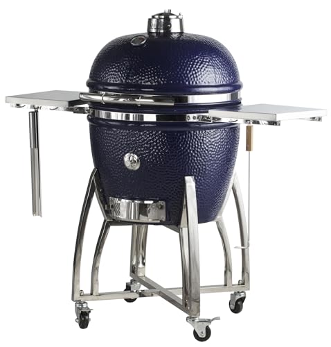 Saffire Platinum Kamado – Large Ceramic Grill and Smoker, 23" Charcoal Grill, 304 Stainless Steel Cart, Smokin’Chip Feeder, Secondary Cooking Grid, Heat Deflector – Onyx Black