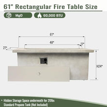 61 Inch Propane Gas Fire Pit Table, 60000 BTU Rectangular Concrete Patio Fireplace with Lid, Hidden Tank Holder, Side Storage, Electronic Ignition, Outdoor Heating Table for Backyard