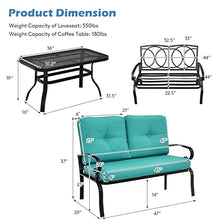 2PCS Patio Loveseat Bench Table Furniture Set Cushioned Chair Turquois Loveseat Coffee Table