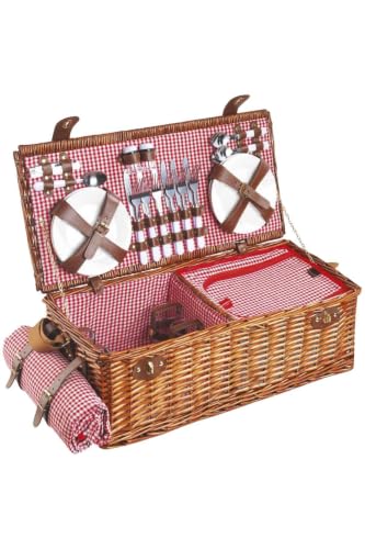 Handmade Wicker Picnic Basket Set for 6 People with Red Gingham Pattern, Wood, Insulated Compartment, Includes Cutlery, Plates, Glasses, and Water-Resistant Blanket - White and Red