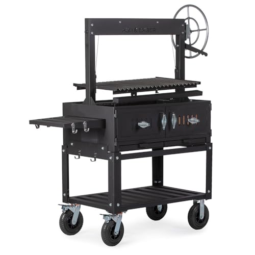 Ash & Ember Santa Maria Grill, Wood & Charcoal Argentine Grill, Hand Wheel for Adjustable Heat Control, BBQ Grill with V-Grates & Grease Trap, Argentinian Grills with Bottom & Side Shelf
