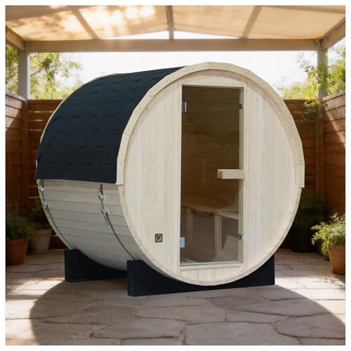 AMOCANE Outdoor Barrel Steam Sauna for 2-4 Person, Canadian Spruce Wooden Saunas Room for Home, Traditional Backyard Sauna Spa with 4.5 KW Toule Heater, Rocks, Bucket (70.87”x 59.05”x 70.87”)