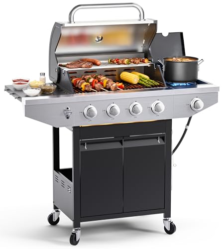 EUHOME 4-Burner Propane Gas BBQ Grill with Side Burner, 46,500 BTU Output Stainless Steel Barbecue Grill with Enameled Cast Iron Grates and Side Tables for Outdoor Cooking Kitchen and Patio Backyard