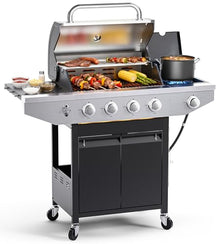 EUHOME 4-Burner Propane Gas BBQ Grill with Side Burner, 46,500 BTU Output Stainless Steel Barbecue Grill with Enameled Cast Iron Grates and Side Tables for Outdoor Cooking Kitchen and Patio Backyard