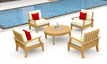 TeakStation 5 Pc Teak Wood Lounge Chair Set: 4 Lounge Chairs & Round Coffee Table with Cushions in Outdoor Sunbrella Fabric #5404 Canvas Natural